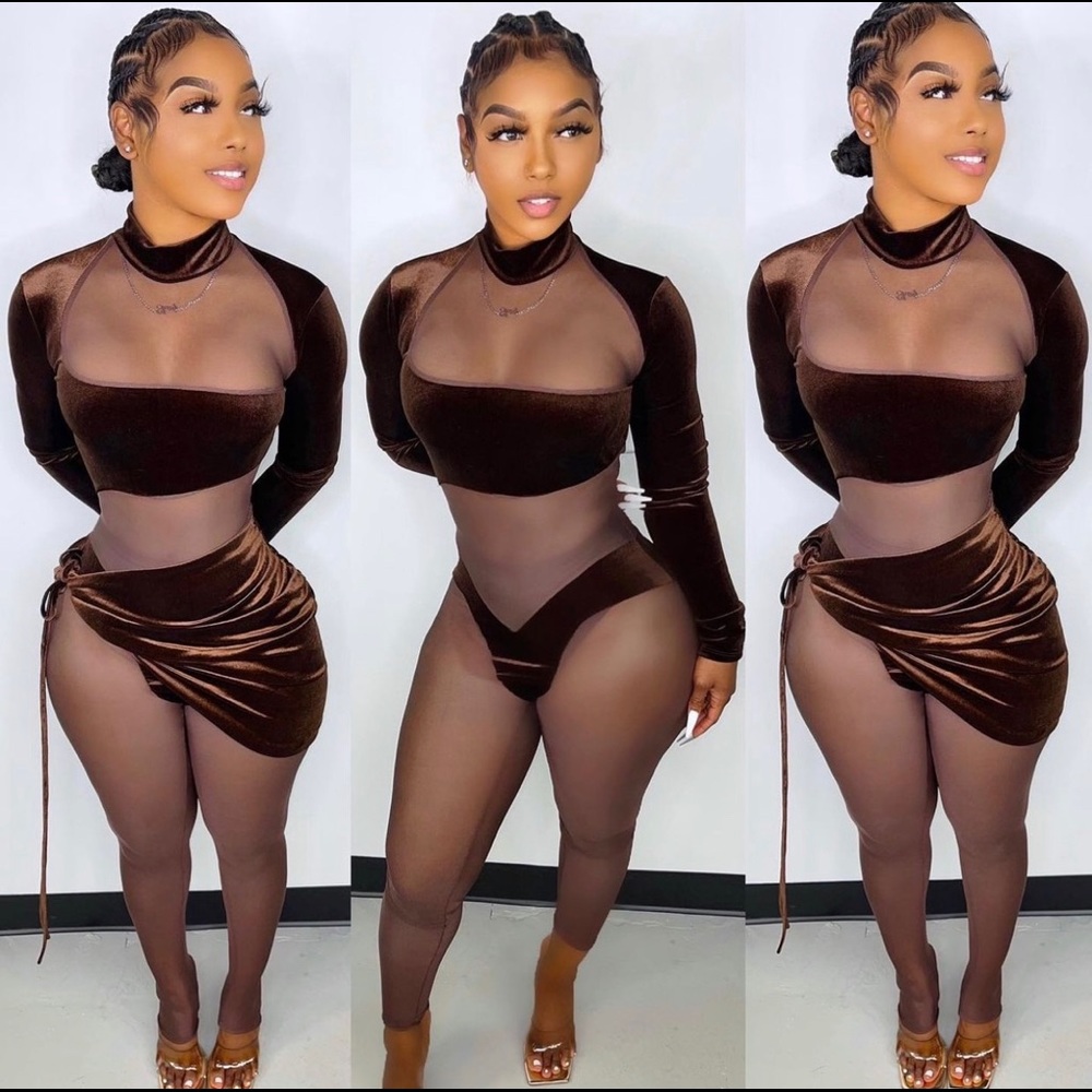 Brown mesh and polyester jumpsuit in a small.